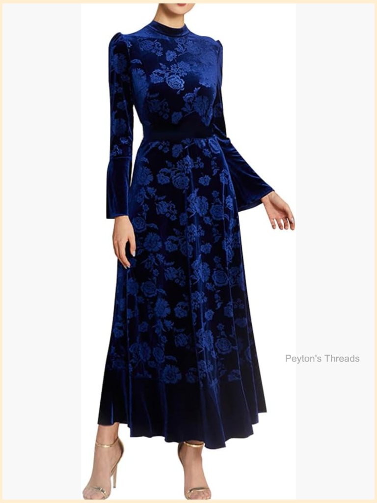 Velvet Long Sleeve Maxi Dress With Belt A-Line Flowy Party Wedding Guest